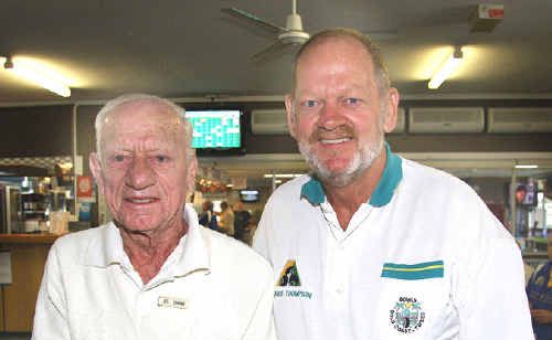 Tugun bowler Les Comino (left) and George Thompson. Tugun bowler Les Comino (left) and George Thompson.